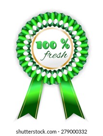 Green, white, beautiful, modern, isolated ribbon, rosette, badge, award, medal, label, sticker with golden shapes, shadows, pattern, text 100 - hundred - percent fresh, white background