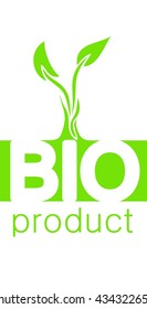 Green and white BIO logo concept, vertical orientation, white font bio and light green sprout, green inscription product in center