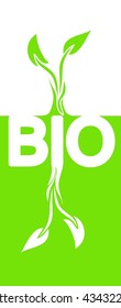 Green and white BIO logo concept, vertical orientation, white font bio and light green sprout, reflection