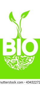 Green and white BIO logo concept, vertical orientation, white font bio and light green sprout, under white abstract roots