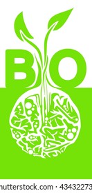 Green and white BIO logo concept, vertical orientation, light green sprout with white roots