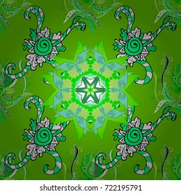 Green, white and black curly flowers shapes on green, white and black colors. Vector illustration. Vintage flower design elements.