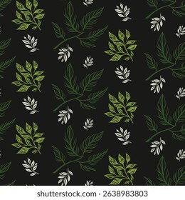 Green, white, and black seamless pattern. A beautiful hand-drawn botanical design with a variety of sketchy olive leaf bunches, creating an artistic, natural feel.