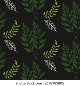 Green, white, and black seamless pattern. This detailed botanical design features a mix of solid and outlined olive leaves, creating an elegant, natural texture.