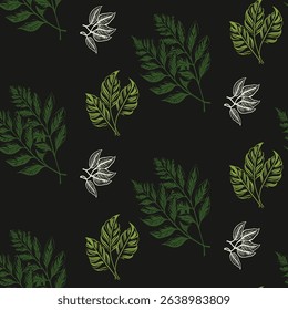 Green, white, and black seamless pattern. Features a mix of solid, textured, and outlined olive leaf bunches, creating a sophisticated and artistic botanical feel.