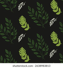 Green, white, and black seamless pattern. A dense, tropical design featuring a mix of monstera and olive leaf styles, perfect for bold, jungle-themed fabric.
