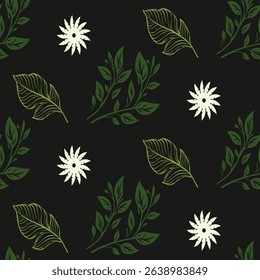 Green, white, and black seamless pattern. This modern botanical design mixes various olive leaves with abstract star-like flowers for a unique, stylish look.