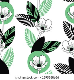 Green, White and black seamless vector background with elements of flowers and leaves. Perfect for fabric, home decor, gift wrap, quilting, invitations, scrapbooking, wall paper and projects.