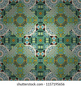 Green, white and blue mandalas. Ceramic tiles pattern. Seamless abstract background. Traditional ornate portuguese decorative tiles azulejos. Vector hand drawn art, typical portuguese tiles.