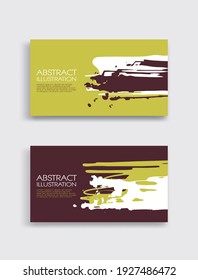 Green white brown ink brush stroke card on white background. Japanese style. Vector illustration of grunge stains