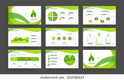 Green and white, Business presentation template with infographic elements and collection of flat style web symbols.