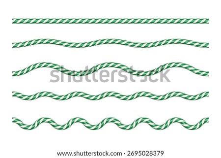 Green and white candy cane ropes in various wave patterns. Festive twisted lines with increasing curvature for Christmas borders, dividers, decorative holiday designs. Realistic vector illustrations.