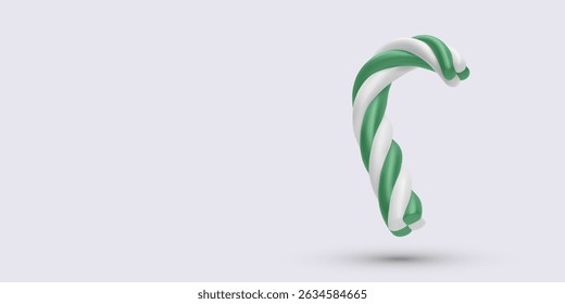 Green And White Candy Cane With Twisted Stripes Floating On Light Background, Minimal Festive Element Perfect For Christmas Or Holiday Themes. Clean Vector Illustration