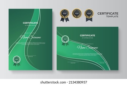 Green and white certificate of achievement border template with luxury badge and modern line pattern. For award, business, and education needs