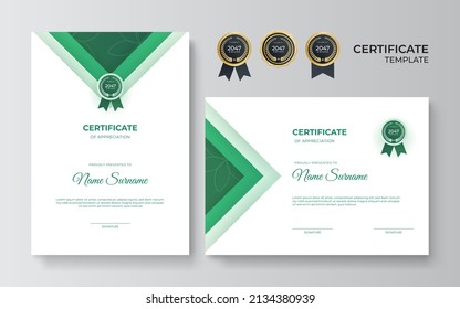 Green and white certificate of achievement border template with luxury badge and modern line pattern. For award, business, and education needs