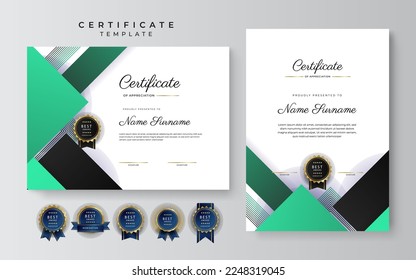 Green and white certificate of achievement border template with luxury badge and modern line pattern. For award, business, and education needs