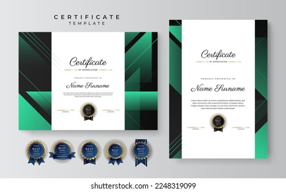 Green and white certificate of achievement border template with luxury badge and modern line pattern. For award, business, and education needs