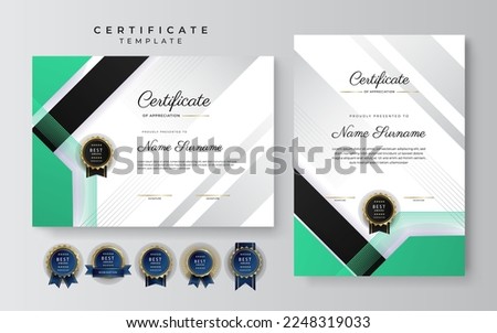 Green and white certificate of achievement border template with luxury badge and modern line pattern. For award, business, and education needs