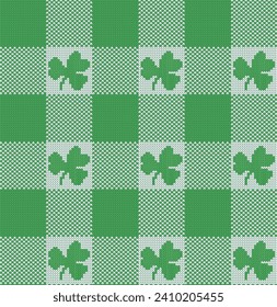 Green and white check with three leaves clover seamless pattern. Knit texture. St. Patrick's Day vector illustration.