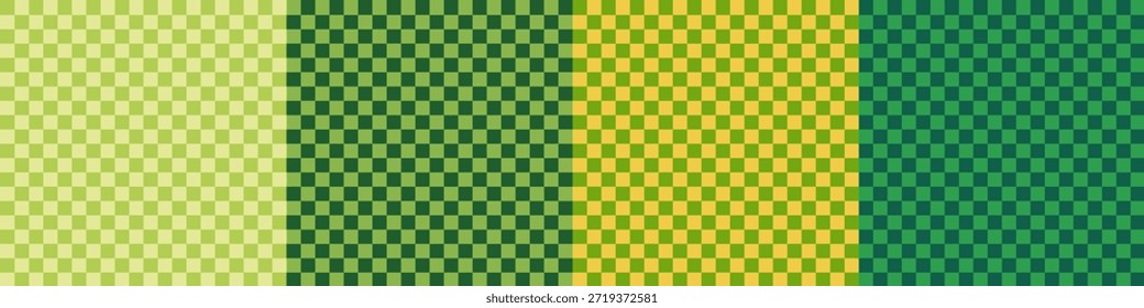 Grünes weißes Schachbrett nahtloses Muster Set. Geometrie Grün Weiß Checker Hintergrund Kit. Schwarzweiß-Raster Vektor BG Print Bundle. Retro Grid Nahtloses Muster für trendiges Design, Textilien, Verpackungen.