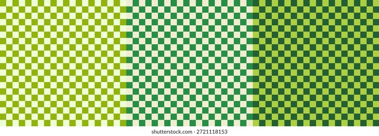Conjunto de patrón transparente de tablero de ajedrez blanco verde. Geometría verde blanco Checker Kit de fondo. Vector de rejilla monocromo Paquete de impresión Bg. Patrón inconsútil retro de la rejilla para el diseño de moda, materia textil, empaquetado.