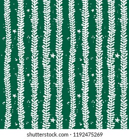 Green and white Christmas leaf branches, stars and drops seamless pattern. Hand drawn floral wrapping. Mistletoe
