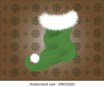 Green and white Christmas stocking on brown snowflake background. Vector illustration format. Saved in illustrator version 10. 