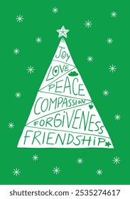 Green and white christmas tree with good wishes: Joy, Love, Peace, Compassion, Forgiveness and Friendship. Vertical greeting card.