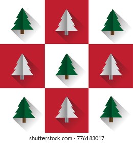 Green and white Christmas trees on two tone white and red grids background pattern with blend shadow vector eps10