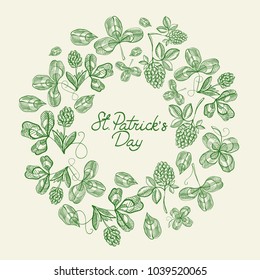 Green and white circle frame sketch composition postcard with many traditional elements around text about St.Patricks Day decorated on white background vector illustration