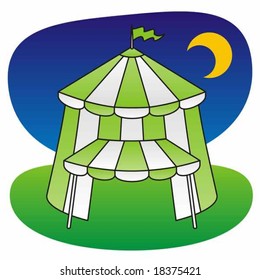 Green and white circus tent under a night sky