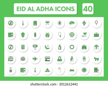 Green And White Color Set of Eid Al Adha Icon In Flat Style.