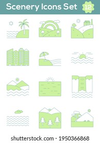 Green And White Color Set of Scenery Icon In Flat Style.