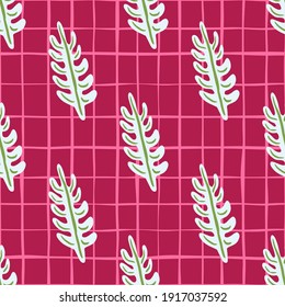 Las ramas de hojas de color verde y blanco adornan un patrón impecable. Fondo rosado a cuadros. Impresión brillante. Diseñado para el diseño de tejidos, impresión textil, envoltura, cubierta. Ilustración vectorial.