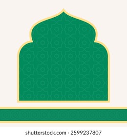 A green and white design featuring an Islamic arch with a geometric pattern. This image incorporates traditional Muslim ornaments and arabesque motifs, suitable for cultural and religious themes