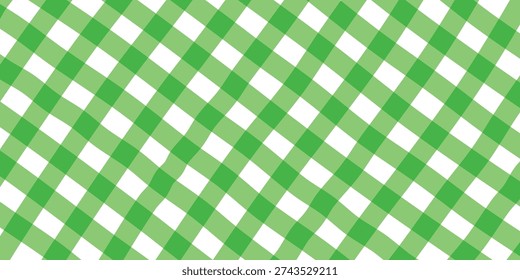 Green and white diagonal gingham pattern. Picnic tablecloth texture. Abstract summer fabric background. Decorative graphic design.