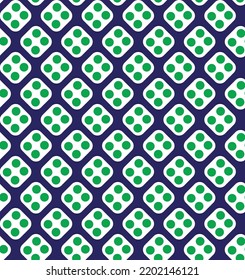 Green and white dice pattern on blue background. Diagonal rounded square and dots pattern on blue backdrop. Modern abstract pattern art.