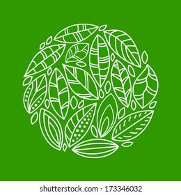 Green and white doodle leaves circle composition, vector