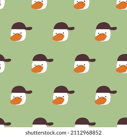 Green, White Duck, In A Cap, Hat,  Man Duck, Male Seamless Pattern Background, Fabric And Textile Surface Design, Wrapping Paper  Motif, Gift Cover Texture, Hand Drawn  Wallpaper Decor, Minimal Vector