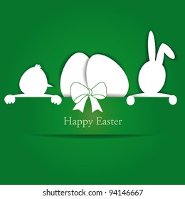 Green and white easter card with eggs, rabbit and chicken