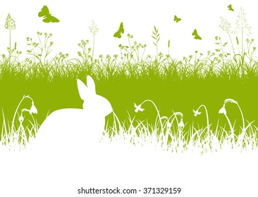 Green and White Easter Vector Greeting Card with Grassland, Bunny, Butterfly, Snowdrops. Fresh Meadow Landscape with Herbage, Rabbit and Butterflies in Springtime - Grass Silhouette.