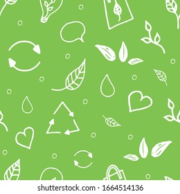 Green and white eco background made of small ecology icons. Vector seamless pattern.