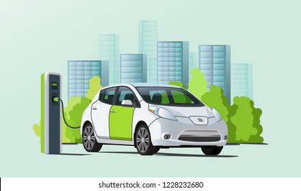 Green and white electric car charging at charging station, cityscape on background, ecological transport, flat style vector illustration