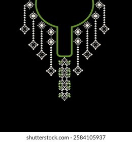 Green and white embroidery, vector illustration of a necklace on a black background. Boho style. Bohemian style. Design for shirt pattern, collar, neckline, and bead decoration.