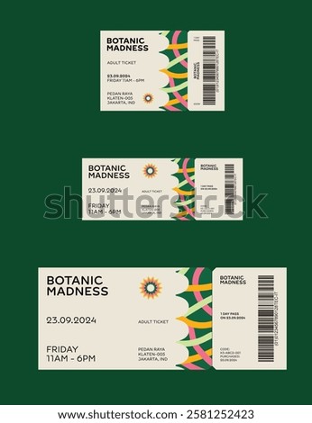 Green and white event or show entry ticket design. Playful and vibrant background and illustration. Perfect for community event, meet and greet, local concert or show, and gardening event. Isolated in