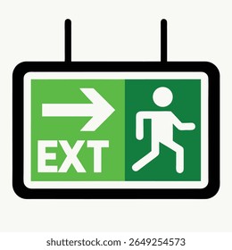 A green and white exit sign with a white running man symbol and an arrow pointing to the right. The sign has a black border and black hanging supports.