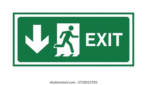 A green and white exit sign with a running person icon and an arrow pointing down.