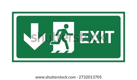 A green and white exit sign with a running person icon and an arrow pointing down.