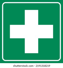 Green and White First Aid Kit Icon with Cross. Vector Image.