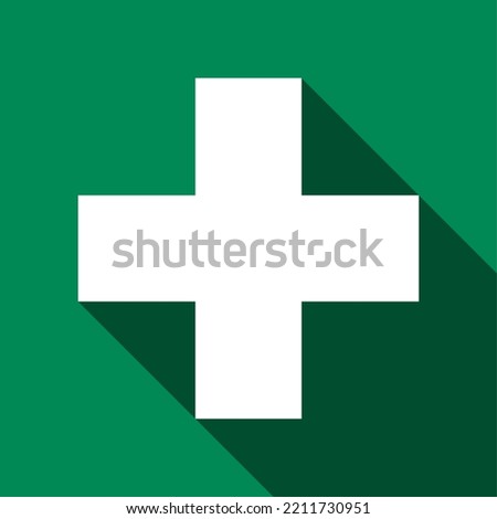 Green and White First Aid Kit Icon with Cross and 3D Style Shadow Effect. Vector Image.